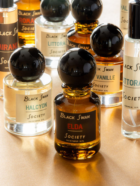 Collection of Black Swan Society perfume bottles on a beige surface